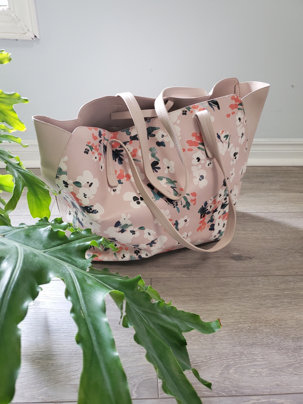 Indigo Floral Pink Tote with Neutral Trim